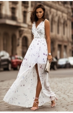 Długa Suknia Szyfonowa z Dekoltem V - Biała