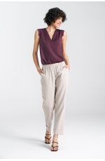 Beżowe Damskie Spodnie Lniane z Gumą