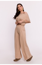 Cappuccino Wizkozowe Spodnie Szerokie z Zakładką