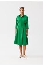 Zielona Sukienka z Kołnierzem i Zakładkami w Talii