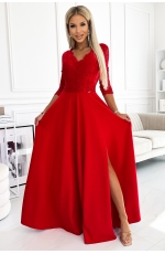 Długa Rozkloszowana Sukienka z Koronką - Czerwona