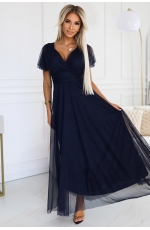 Długa Sukienka Nastia z Krótkim Rękawem i Dekoltem - Chabrowa