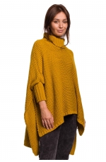 Asymetryczny Sweter-Ponczo z Golfem - Miodowy