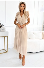 Beżowa Szyfonowa Sukienka Plisowana z Falbankami
