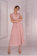 Elegancka Plisowana Sukienka z Kopertowym Dekoltem - Różowa