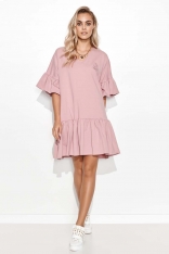Oversizowa Sukienka Bawełniana z Falbankami - Różowa