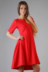 Czerwona Elegancka Rozkloszowana Sukienka z Wydłużonym Tyłem
