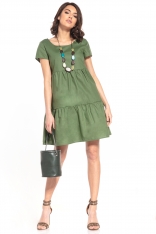 Bawełniana Mini Sukienka z Owalnym Dekoltem - Zielona