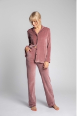 Welurowe Spodnie od Piżamy z Kontrastowymi Lamówkami - Różowe