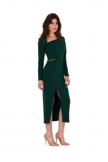 Zielona Midi Sukienka z Asymetrycznym Dekoltem i Długim Rękawem