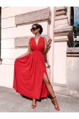 Maxi Sukienka z Dekoltem - Czerwona
