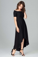 Czarna Długa Asymetryczna Sukienka z Odkrytymi Ramionami
