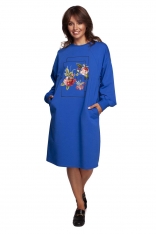 Bawełniana Sukienka z Kolorowym Nadrukiem - Chabrowa