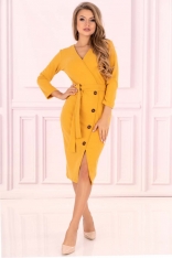 Żółta Prosta Kopertowa Sukienka z Guzikami