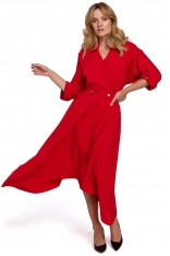 Czerwona Asymetryczna Rozkloszowana Sukienka z Kopertowym Dekoltem