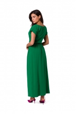 Bawełniana Maxi Sukienka z Gumą w Pasie - Zielona