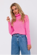 Sweter z Golfem o Prążkowanym Splocie - Różowy
