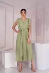 Elegancka Plisowana Sukienka z Kopertowym Dekoltem - Oliwkowa