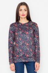 Czarna Klasyczna Bluza w Kolorowe Kwiaty