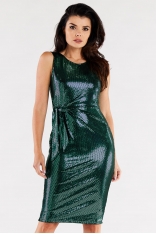 Ołówkowa Błyszcząca Sukienka z Wiązaniem - Zielona