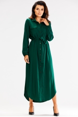 Długa Sukienka o Koszulowym Kroju z Asymetrycznym Dołem - Zielona