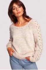 Sweter z Grubym Warkoczem na Rękawach - Beżowy