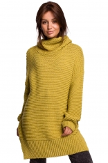 Damski Sweter Oversize z Golfem  - Limonkowy
