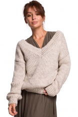 Klasyczny Sweter z Dekoltem V z Przodu i na Plecach - Beżowy