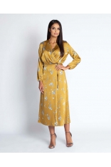 Żółta Kopertowa Sukienka Midi z Florystycznym Motywem