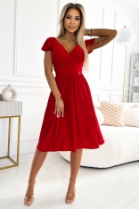 Rozkloszowana Sukienka Lekko Elastyczna z Brokatem - Czerwona z brokatem