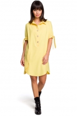 Żółta Koszulowa Sukienka Tunika z Wiązaniem na Rękawach