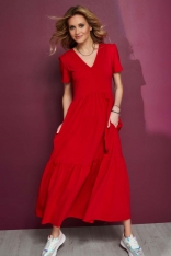 Czerwona Dzianinowa Maxi Sukienka z Dekoltem V