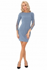 Niebieska Ołówkowa Mini Sukienka z Dekoracyjną Aplikacją na Rękawach