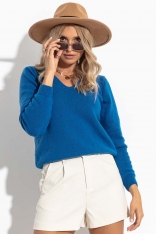 Wełniany Sweter z Dekoltem V - Niebieski