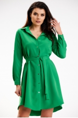 Koszulowa Sukienka z Podpinanym Rękawem  - Zielona