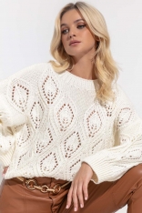 Luźny Sweter z Ażurowym Wzorem - Ecru