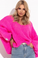 Sweter Z Szerokim Dekoltem V- Różowy