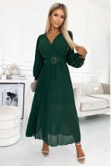 Zielona Długa Sukienka Plisowana z Paskiem