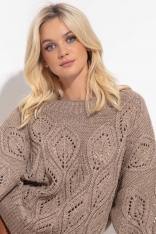 Luźny Sweter z Ażurowym Wzorem - Mocca
