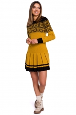 Żółta Świąteczna Sukienka Swetrowa z Obniżoną Talią