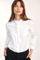 Biała Koszulowa Bluzka z Wiązaniem pod Szyją - Biała