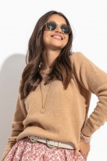 Wełniany Sweter z Okrągłym Dekoltem - Kamelowy