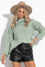Luźny Prążkowany Sweter z Golfem - Zielony