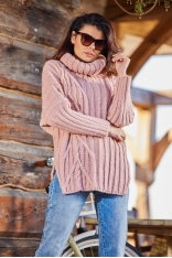 Sweter Oversize z Golfem - Różowy