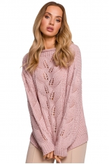 Sweter Oversize z Ażurowym Wzorem - Pudrowy