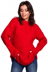 Czerwony Ciepły Sweter z Półgolfem w Warkocze