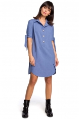 Niebieska Koszulowa Sukienka Tunika z Wiązaniem na Rękawach