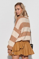 Luźny Sweter w Szerokie Beżowo-Camelowe Pasy