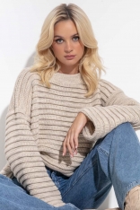 Luźny Sweter w Prążkowany Wzór - Beżowy