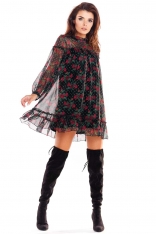 Luźna Mini Sukienka z Wzorzystego Szyfonu z Falbankami - Wzór 1